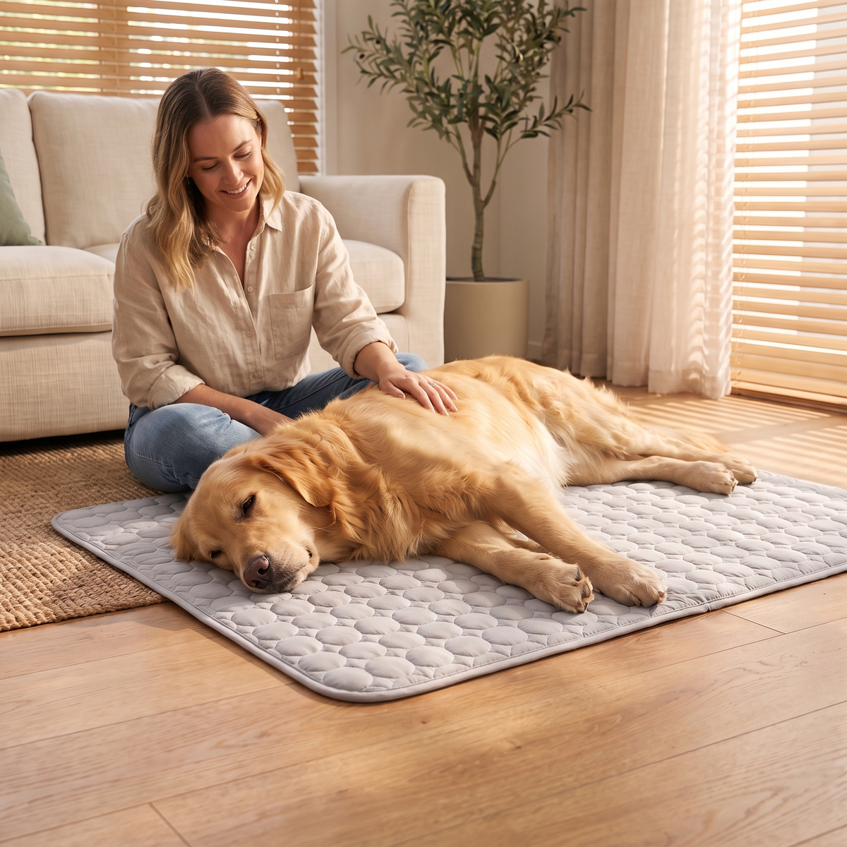 Owner sitting with her dog on the CoolSpot