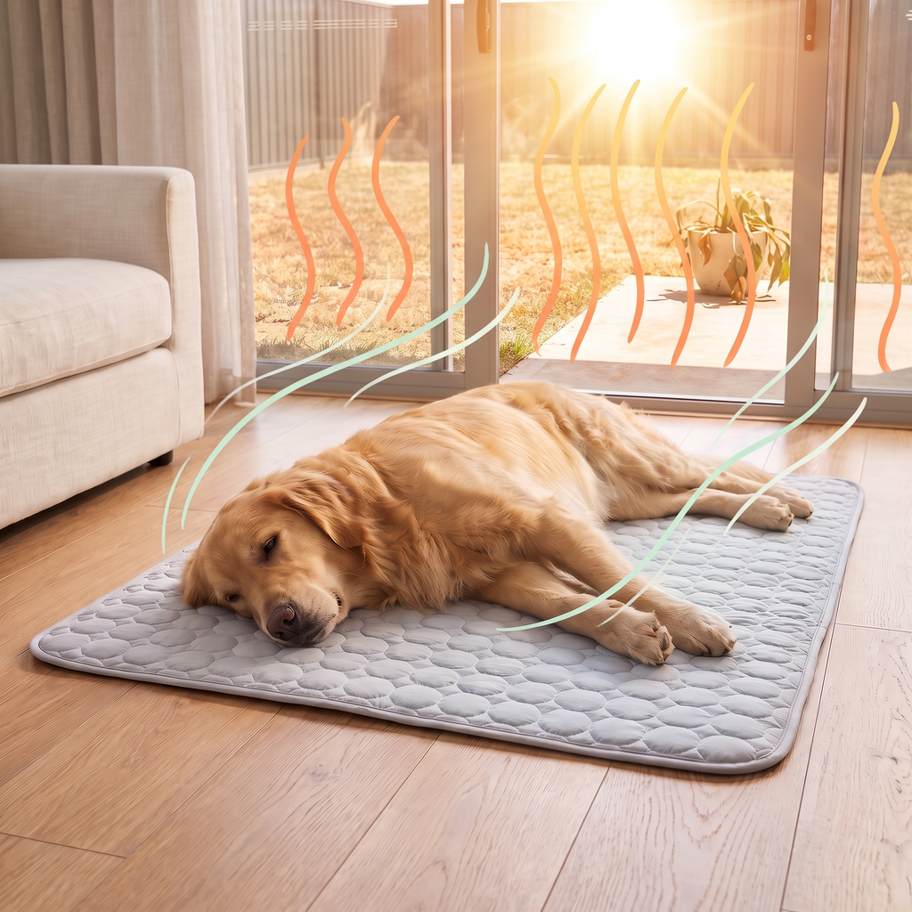 Dog relaxing on the CoolSpot indoors while heat rises outside