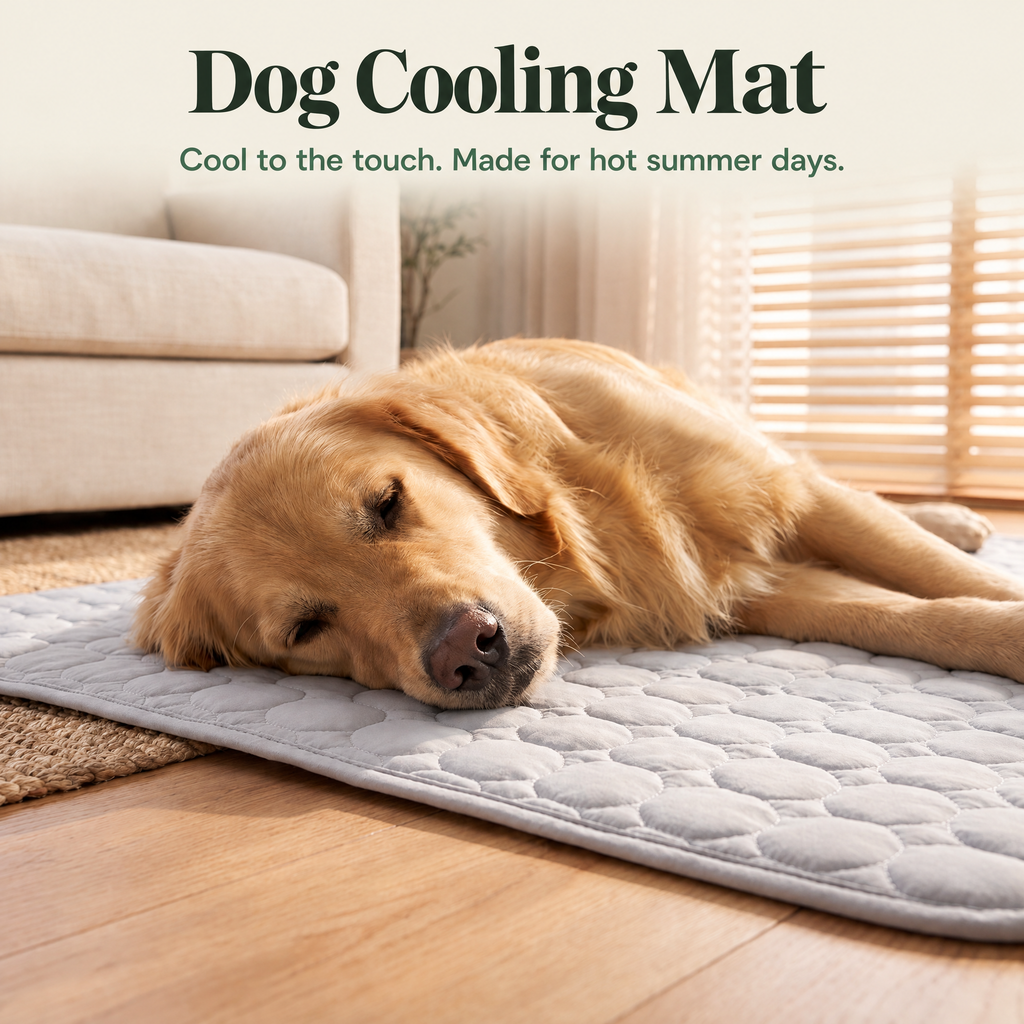 Dog cooling mat: dog lying belly-down on the grey quilted CoolSpot, cool to the touch for hot summer days