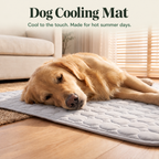Dog cooling mat: dog lying belly-down on the grey quilted CoolSpot, cool to the touch for hot summer days