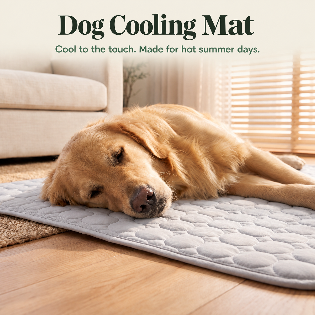 Dog cooling mat: dog lying belly-down on the grey quilted CoolSpot, cool to the touch for hot summer days
